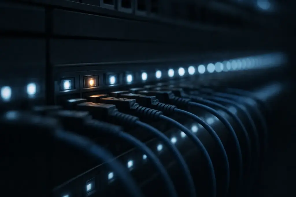 Dark patch panel with a single amber indicator among cold blue lights